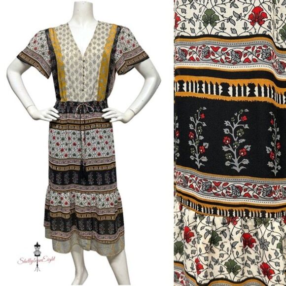 ANTHROPOLOGIE One September Provencal Midi Peasant Boho Dress Embroidered XS S - Picture 4 of 13